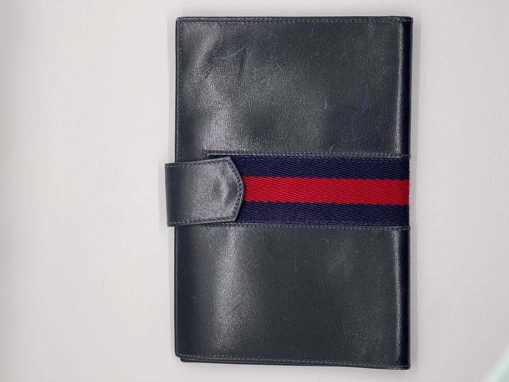 Gucci Leather Agenda Planner Passport Holder Red Blue Web Stripe Navy Leather